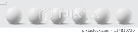 Glossy white spheres. 3D bubble collection realistic balls with shadows. Vector shiny plastic globe 134830720