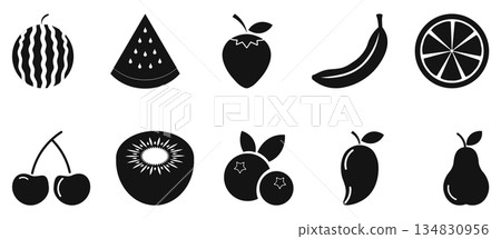 Fruit Assortment Silhouettes A collection of fruit illustrations, each a sleek, black silhouette 134830956