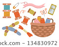 Sewing kit, a collection of hand-drawn, flat-style sewing tools and accessories. Threads, needles, and fabric 134830972