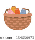 Sewing kit, a collection of sewing tools and accessories, hand-drawn in a flat style. Basket of threads and a storage container are included. 134830973