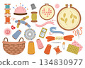 Sewing kit, a collection of hand-drawn flat-style sewing tools and accessories. Embroidery hoops, storage basket, and threads are included. For crafts and hobbies. 134830977