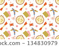 Seamless pattern featuring a sewing kit, a collection of hand-drawn flat-style sewing tools and accessories. Embroidery hoops and threads. For crafts and hobbies. 134830979