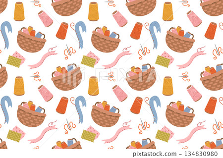 Seamless pattern featuring a sewing kit, a collection of hand-drawn sewing tools and accessories in a flat style. Storage basket, thread, and fabric. For crafts and hobbies. 134830980
