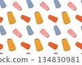 Seamless pattern with a sewing kit, a collection of sewing tools and accessories, hand-drawn in a flat style. Ornament with threads. For crafts and hobbies. 134830981