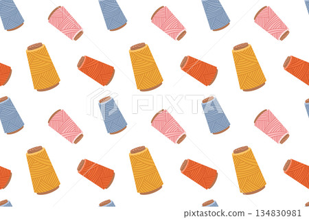 Seamless pattern with a sewing kit, a collection of sewing tools and accessories, hand-drawn in a flat style. Ornament with threads. For crafts and hobbies. Seamless pattern with a sewing kit, a collection of sewing tools and accessories, hand-drawn in a flat style. Ornament with threads. For crafts and hobbies. 134830981