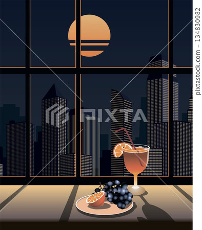 Evening still life against the backdrop of a nighttime metropolis. Vector. Evening still life against the backdrop of a nighttime metropolis. Vector. 134830982