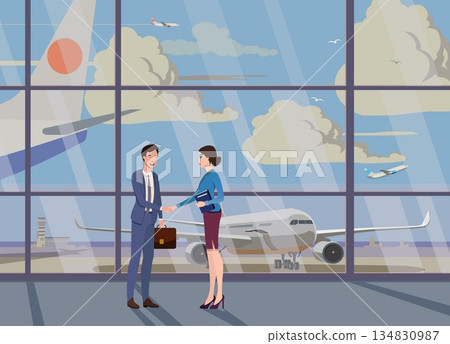 Business meeting at the airport against the backdrop of an airfield with airplanes. Vector. Business meeting at the airport against the backdrop of an airfield with airplanes. Vector. 134830987
