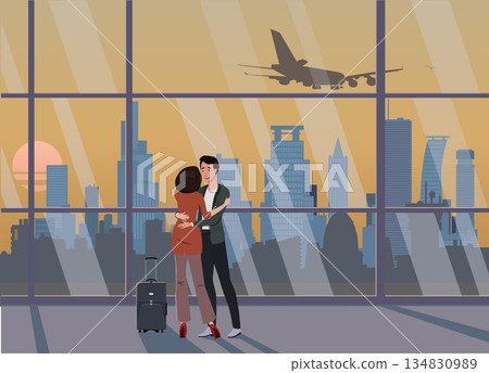 A guy hugs a girl at an airport against the backdrop of skyscrapers and an airplane. Vector. A guy hugs a girl at an airport against the backdrop of skyscrapers and an airplane. Vector. 134830989