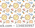 Seamless pattern featuring a sewing kit, a collection of hand-drawn sewing tools and accessories in a flat style. The design features embroidery hoops, needles, and fabric. For crafts and hobbies. 134830997