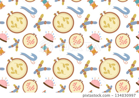 Seamless pattern featuring a sewing kit, a collection of hand-drawn sewing tools and accessories in a flat style. The design features embroidery hoops, needles, and fabric. For crafts and hobbies. 134830997