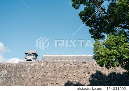Kumamoto Castle Fortress Stone Wall with Blue Sky in Japan 134831003