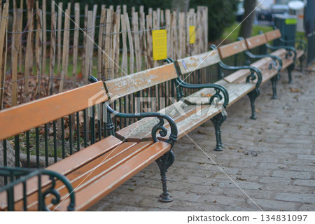 Row of Park Benches Along Cobblestone Path Row of Park Benches Along Cobblestone Path 134831097