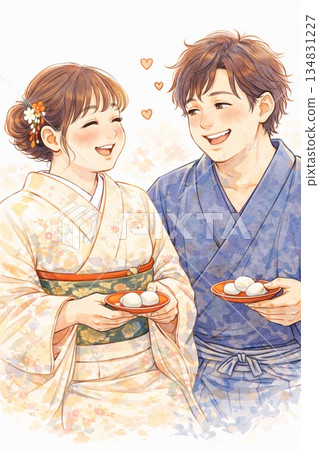 Two middle-aged friends in traditional Japanese clothing - Generative AI 134831227