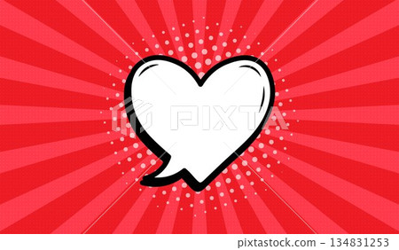 A heart-shaped speech bubble in retro comic style on a red background. A heart-shaped speech bubble in retro comic style on a red background. 134831253