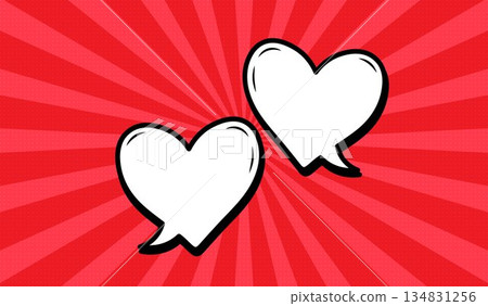 Two heart-shaped speech bubbles in retro comic style on a red background. Two heart-shaped speech bubbles in retro comic style on a red background. 134831256