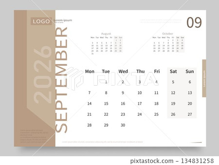 The calendar for September 2026 is white and beige. The layout of the calendar for September 2026 with the date of the beginning of the week on Monday. 134831258