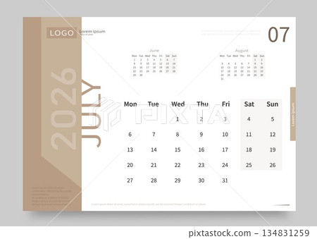 The calendar for July 2026 is white and beige. The layout of the calendar for July 2026 with the date of the beginning of the week on Monday. The calendar for July 2026 is white and beige. The layout of the calendar for July 2026 with the date of the beginning of the week on Monday. 134831259