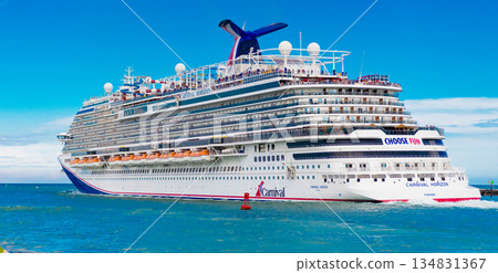 Miami, Florida, USA - June 09, 2024: Carnival Horizon cruise ship voyage. Cruise in summer vacation. Carnival cruise line. Cruise ship tour and travel at sea. Ship leaving Miami beach port 134831367