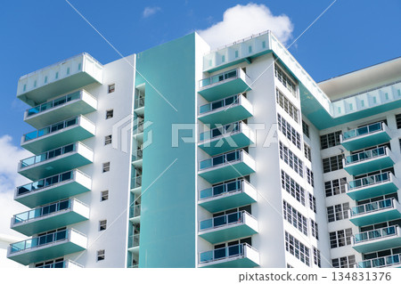 Miami Beach in Ocean Drive, USA. Art Deco building architecture. Architectural building. Art deco. Architectural district Art Deco. Modern condominium building of Miami beach. Ocean drive 134831376