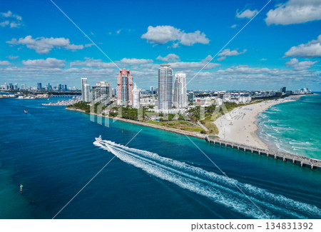 Sea beach. Miami South beach landscape aerial view. Skyline aerial on Miami marina, Florida. Aerial Miami south beach. Marina landscape in South Beach, USA. Skyline seaside towns 134831392