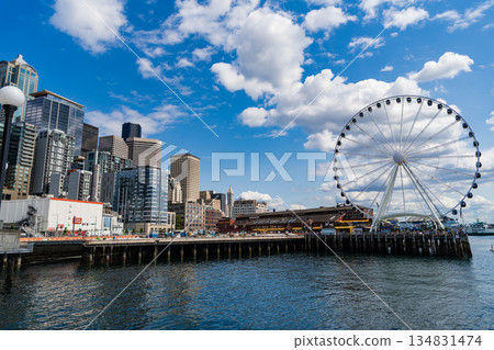 Seattle, Washington, USA, July 26, 2024: Ferris wheel. Amusement park with Ferris wheel. Observation Ferris wheel. Fairground ride on observation wheel. Entertainment park. Copy space 134831474