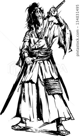 Sumi-e illustration of a young samurai in Japanese clothing 134831495