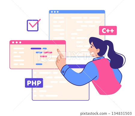 PC work. Computer programmer character. Browser windows. Web software. Programming script. Developer working with website frame. Network technology. Backend java coders vector concept PC work. Computer programmer character. Browser windows. Web software. Programming script. Developer working with website frame. Network technology. Backend java coders vector concept 134831503