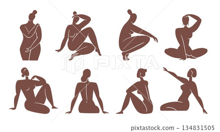 Woman body silhouette. Matisse style isolated people in different poses. Minimal drawing, contemporary naked female characters. Beautiful boho style girls. Abstract person. Vector flat set 134831505