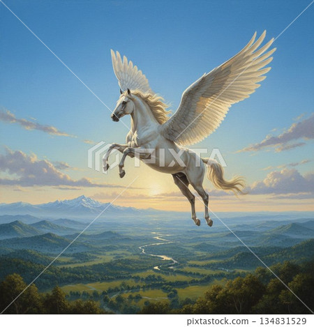 Pegasus galloping through the blue sky 134831529