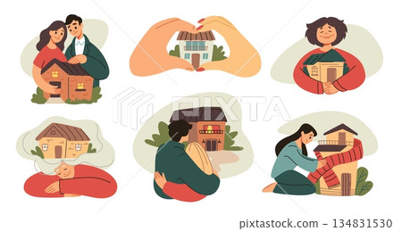Family in house. People dream about home. Residential building buy. Owner loving apartment. Happy couple hugging residence. Real estate property. Minimal outline drawing. Vector concept 134831530