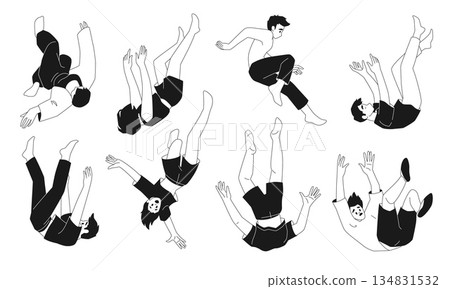 Fall person. People character fly down, man and woman jump. Diverse air failure, crash moving accident. Unbalanced scared girl, zero gravity boy. Vector design, doodle isolated illustration 134831532