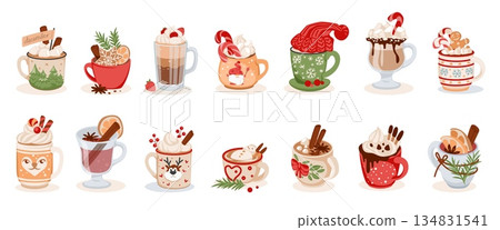 Christmas mug. Gingerbread candy cup, sweet dessert with snowman and marshmallow decoration. Hohoho eggnog milk drink. Cappuccino with cinnamon. Vector cartoon flat isolated illustration 134831541