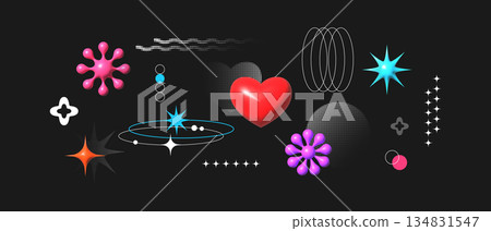 3D objects. Abstract shapes composition. Glossy plastic icon. Halftone dots or line forms collage. Trendy acid sticker. Retro geometric digital button. Art banner design. Vector background 134831547