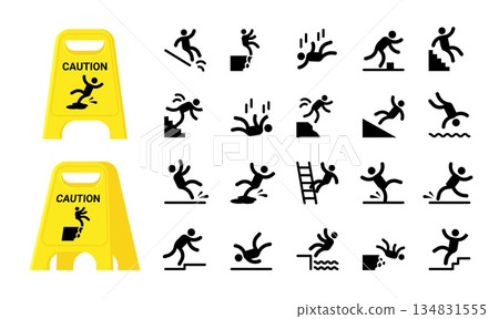 Safety icons. Fall slip sign, man caution in trip, injury accident. Stick floor, risk for person figure. Work hazard. Jumping and landing character. Vector pictogram isolated silhouette set 134831555