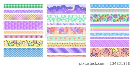 Washi tape. Scrapbook sticker elements. Cute paper sketch or color sticky note. Border stripe with flowers and geometric abstract ornament. Plaster patterns. Decorative ribbons vector set Washi tape. Scrapbook sticker elements. Cute paper sketch or color sticky note. Border stripe with flowers and geometric abstract ornament. Plaster patterns. Decorative ribbons vector set 134831558