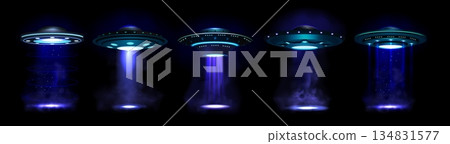 3d ufo. Flying alien space saucer, spaceship fantasy beam. Night ship render, outer Galaxy object in universe. Smoke blue spotlight, magic portal. Realistic isolated elements. Vector poster 3d ufo. Flying alien space saucer, spaceship fantasy beam. Night ship render, outer Galaxy object in universe. Smoke blue spotlight, magic portal. Realistic isolated elements. Vector poster 134831577