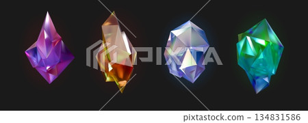 Crystal prism set. 3d diamond light, color rainbow shape or graphic glass reflection. Holographic geometric texture. Topaz, aquamarine and amber. Vector gem design isolated realistic elements 134831586