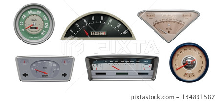 Retro speedometer. Vintage car meter. Dashboard logo or automobile mph speed tool. Scale display. Motorcycle tachometer. Measurement instrument. Vector realistic odometer indicators set Retro speedometer. Vintage car meter. Dashboard logo or automobile mph speed tool. Scale display. Motorcycle tachometer. Measurement instrument. Vector realistic odometer indicators set 134831587