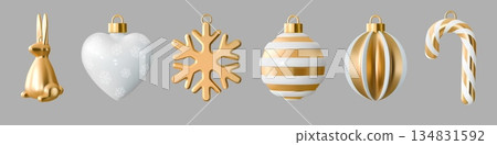 3d Christmas decor set. Gold Xmas gift, golden snowflake on white ribbon, bauble toy present. Heart and candy cane, ball and bell. Winter holiday bow. Festive vector render glossy elements 3d Christmas decor set. Gold Xmas gift, golden snowflake on white ribbon, bauble toy present. Heart and candy cane, ball and bell. Winter holiday bow. Festive vector render glossy elements 134831592