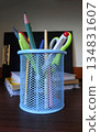 A stationery cup with pens and pencils, close-up 134831607