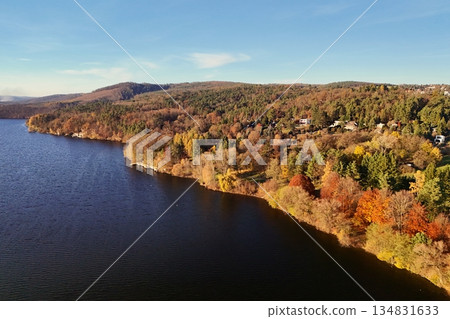 Beautiful landscape shot with nature and water from the top from a drone. Brno Dam, Czech Republic Europe Beautiful landscape shot with nature and water from the top from a drone. Brno Dam, Czech Republic Europe 134831633