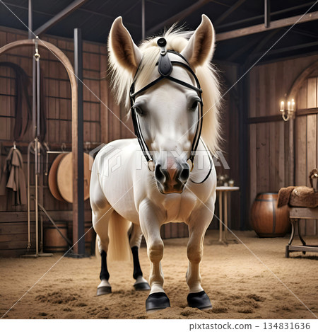 stunning  cutest funny white pony-horse posing in stable.  digital artwork for equestrian branding or design.  Ai generated 134831636