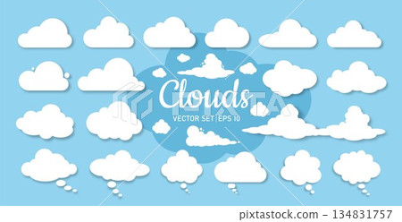 A set of white clouds of different shapes and sizes on a blue background. A set of cartoon clouds and cartoon-style speech bubbles. 134831757