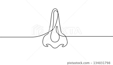 One line drawing of human nose, minimalist facial anatomy illustration, simple modern abstract vector graphic for medical design One line drawing of human nose, minimalist facial anatomy illustration, simple modern abstract vector graphic for medical design 134831798