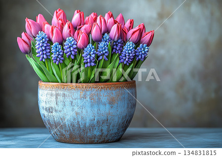 Spring floral decoration. Bulbs lasagna in pot. Planting method for containers or garden beds. Spring floral decoration. Bulbs lasagna in pot. Planting method for containers or garden beds. 134831815