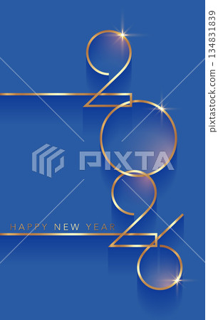 2026 New Year gold logo design. Holiday greeting card. Vector illustration. Holiday design for greeting card, invitation, calendar, party, golden holiday label isolated on blue background 134831839