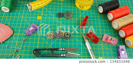Colorful Tailoring Supplies with Threads Scissors and Measuring Tape 134831846