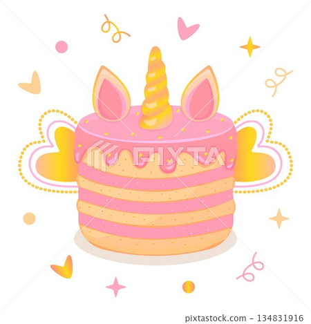 Festive birthday unicorn cake with gold wings and confetti. Pink and yellow baked dessert with cream, unicorn horn and ears. Cute colorful vector illustration Festive birthday unicorn cake with gold wings and confetti. Pink and yellow baked dessert with cream, unicorn horn and ears. Cute colorful vector illustration 134831916
