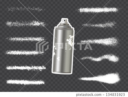 Spray paint streaks and drips with metallic aerosol can on transparent background. 134831923