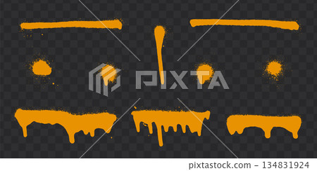 Orange spray paint splatters with drips on transparent checkered background. 134831924